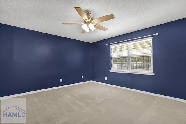 empty room featuring ceiling fan, carpet, and a textured ceiling