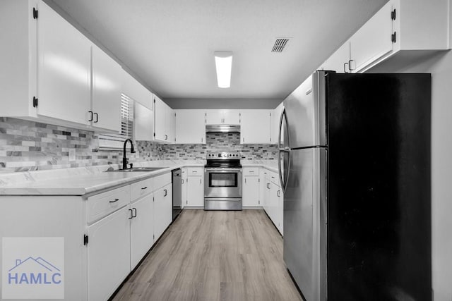 kitchen featuring tasteful backsplash, stainless steel appliances, white cabinets, light hardwood / wood-style floors, and sink