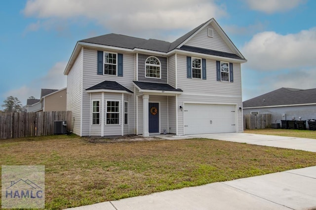 traditional-style home with central AC, an attached garage, driveway, and fence