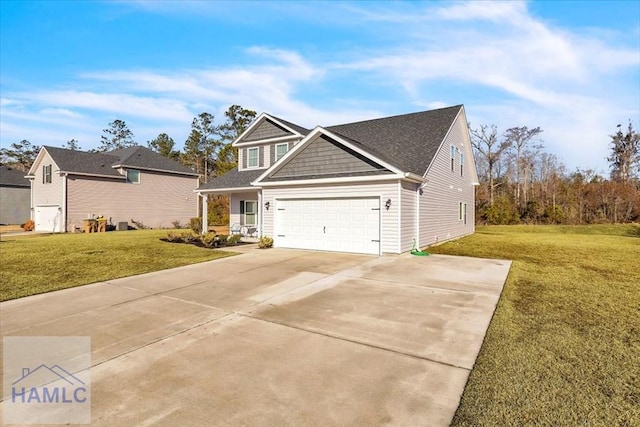 view of front facade featuring a front lawn, an attached garage, and concrete driveway