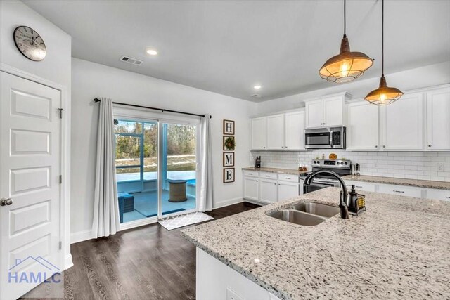 kitchen featuring a sink, white cabinetry, tasteful backsplash, appliances with stainless steel finishes, and visible vents