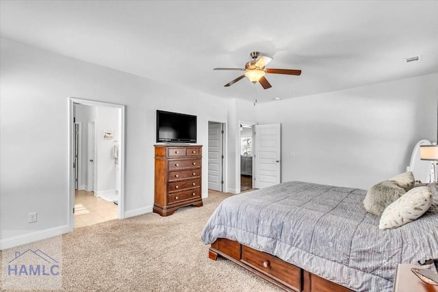 bedroom with baseboards, visible vents, ceiling fan, and carpet