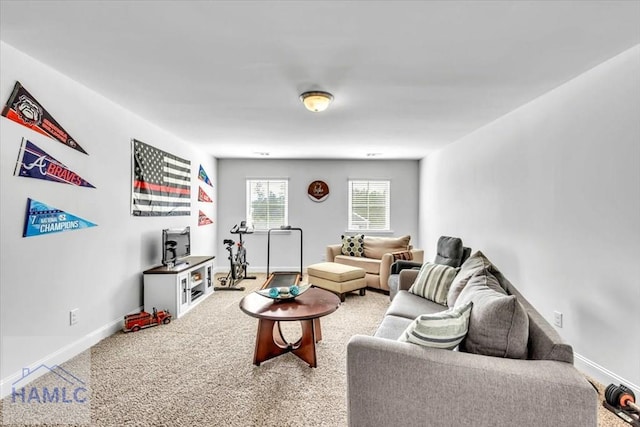 living area featuring carpet and baseboards