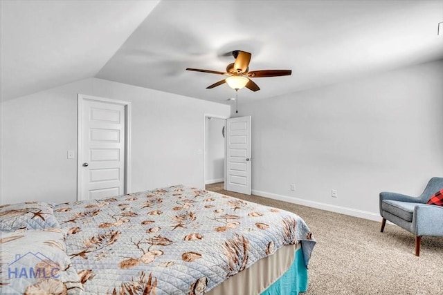 bedroom featuring baseboards, ceiling fan, vaulted ceiling, and carpet