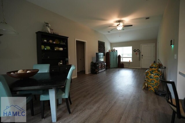 613 Macon St, Ludowici, GA 31316 - dining room featuring ceiling fan, wood finished floors, baseboards, and vaulted ceiling
