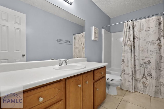 926 Poppleton Dr, Hinesville, GA 31313 - bathroom with vanity, a textured ceiling, tile patterned flooring, toilet, and shower / bath combo with shower curtain