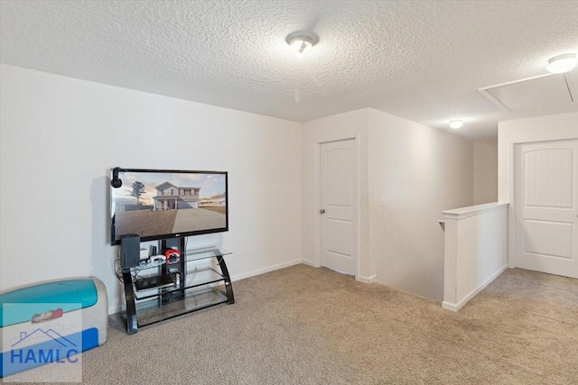 interior space with light carpet and a textured ceiling