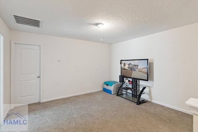 misc room featuring carpet and a textured ceiling