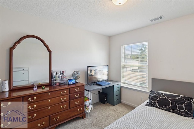 bedroom with a textured ceiling, light carpet, and multiple windows