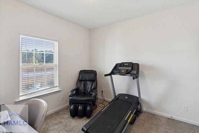 workout room featuring light colored carpet