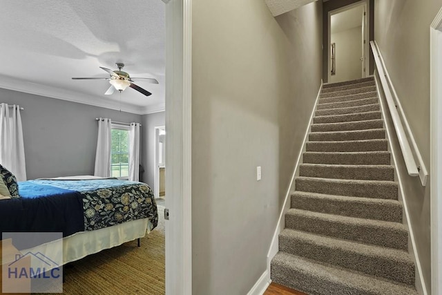 1653 Hawthorne Rd, Townsend, GA 31331 - staircase with a ceiling fan, baseboards, a textured ceiling, and crown molding