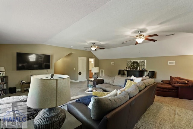 1653 Hawthorne Rd, Townsend, GA 31331 - living room with light carpet, ceiling fan, lofted ceiling, and baseboards