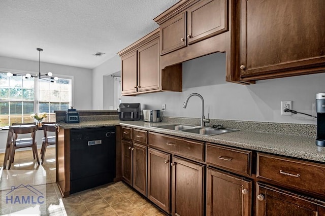 kitchen with kitchen peninsula, sink, decorative light fixtures, an inviting chandelier, and dishwasher