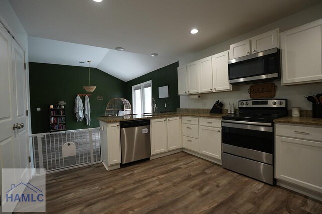 21 Oak Ridge Cemetery Rd SW, Ludowici, GA 31316 - kitchen with stainless steel appliances, recessed lighting, white cabinetry, dark wood-style flooring, and a peninsula