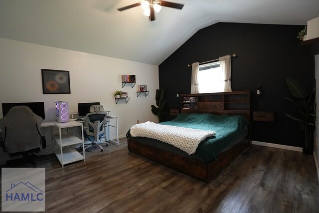 21 Oak Ridge Cemetery Rd SW, Ludowici, GA 31316 - bedroom with wood finished floors, lofted ceiling, a ceiling fan, a desk, and baseboards