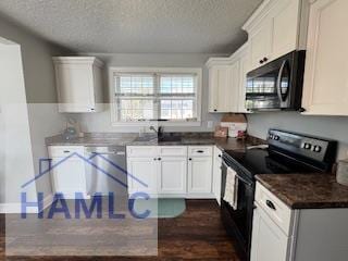 kitchen with sink, electric range, dark hardwood / wood-style floors, a textured ceiling, and white cabinets