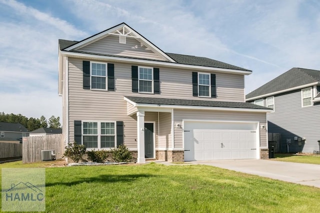 view of front of property featuring central AC, a garage, and a front lawn