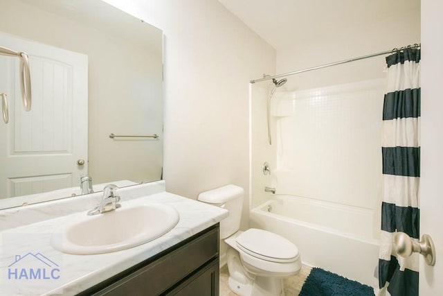 full bathroom with vanity, shower / bathtub combination with curtain, and toilet