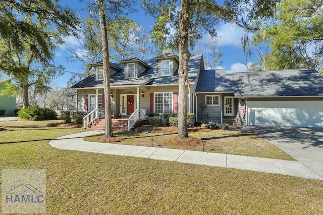 cape cod house featuring an attached garage, covered porch, concrete driveway, and a front yard