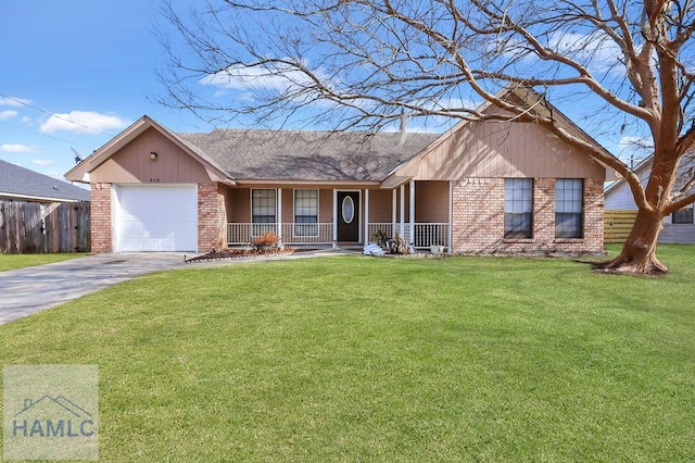 ranch-style house with a garage, covered porch, and a front yard