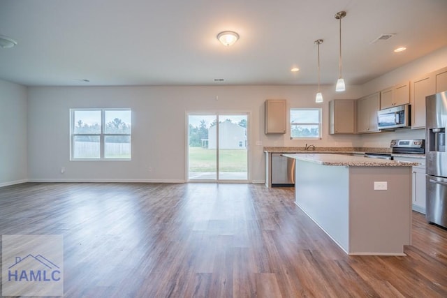 55 Enclave Way NE, Ludowici, GA 31316 - kitchen featuring stainless steel appliances, a center island, wood finished floors, pendant lighting, and open floor plan