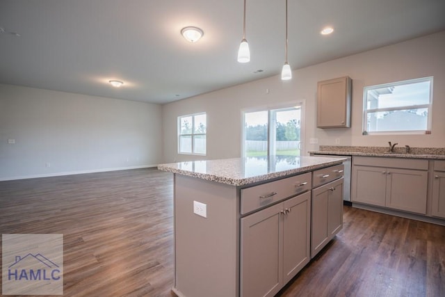 55 Enclave Way NE, Ludowici, GA 31316 - kitchen featuring gray cabinetry, wood finished floors, a kitchen island, decorative light fixtures, and recessed lighting