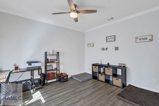 miscellaneous room featuring crown molding, wood finished floors, visible vents, and baseboards