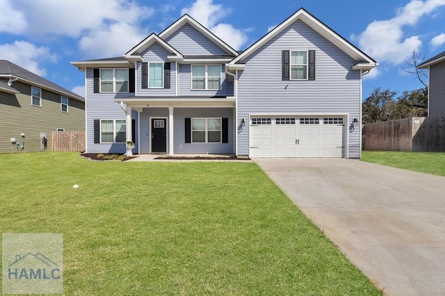 view of front of property with concrete driveway, a front lawn, a garage, and fence