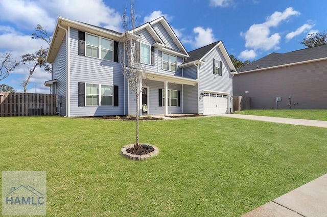 view of front of home with driveway, a front lawn, central AC, fence, and a garage