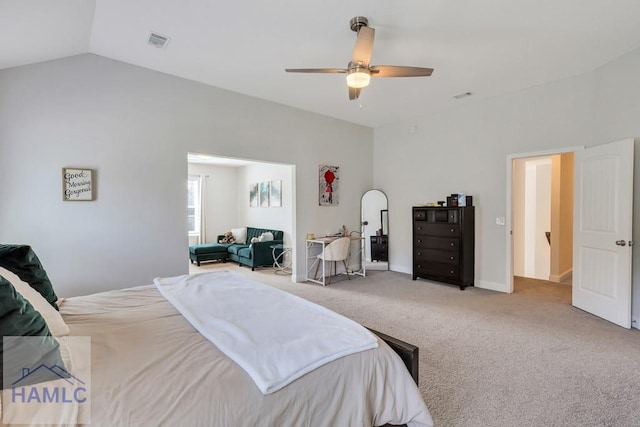 bedroom with vaulted ceiling, carpet, visible vents, and ceiling fan