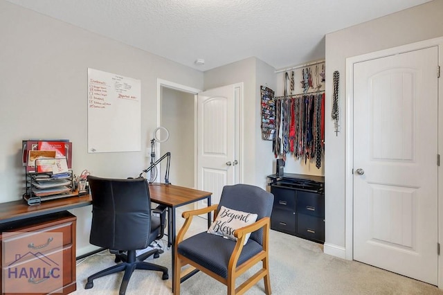 home office featuring light colored carpet, a textured ceiling, and baseboards
