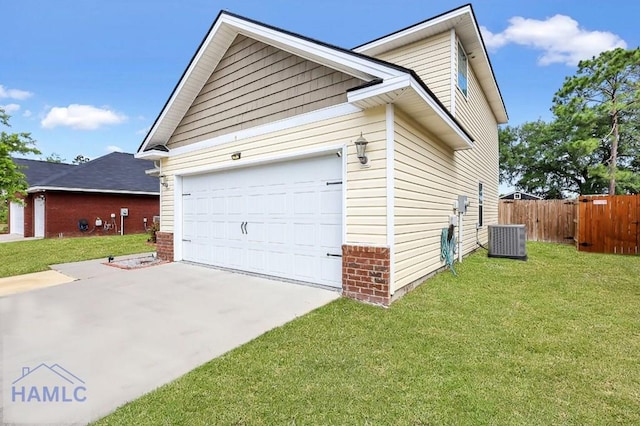 view of side of property featuring fence, central air condition unit, a yard, and driveway