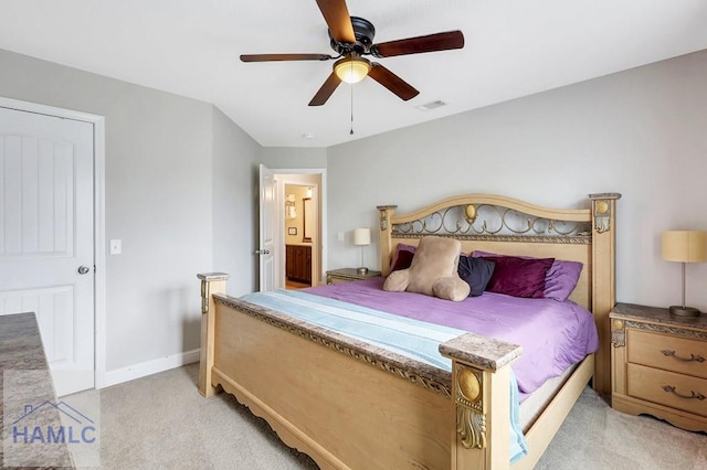 bedroom featuring baseboards, ceiling fan, light carpet, and visible vents
