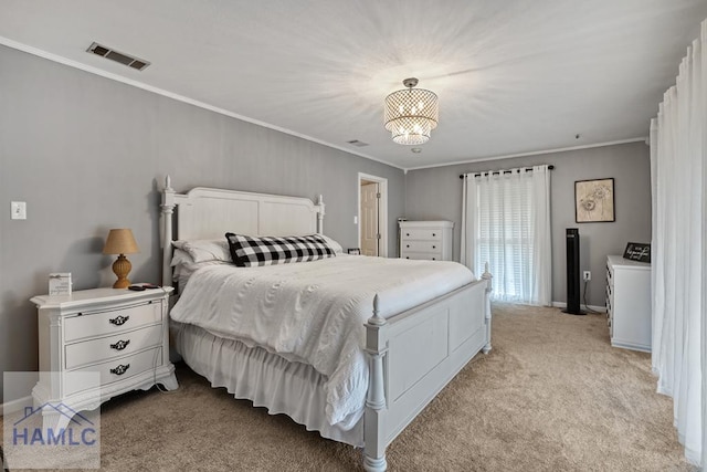 carpeted bedroom with an inviting chandelier and ornamental molding