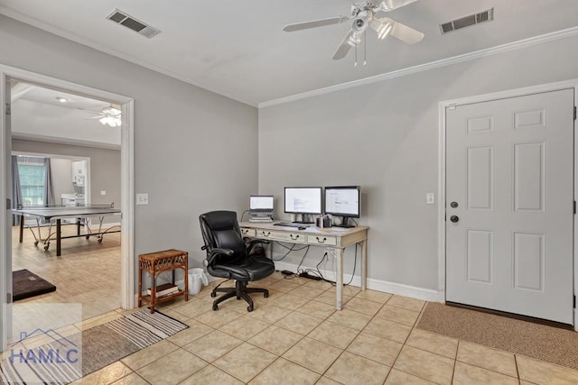 tiled home office featuring crown molding and ceiling fan