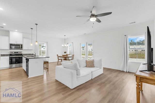 living area featuring a wealth of natural light, visible vents, and light wood-style flooring