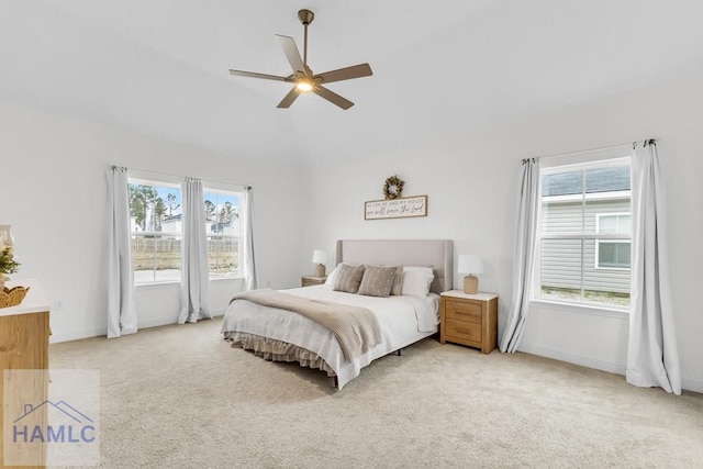 bedroom with multiple windows, baseboards, and light colored carpet