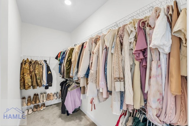 walk in closet with carpet