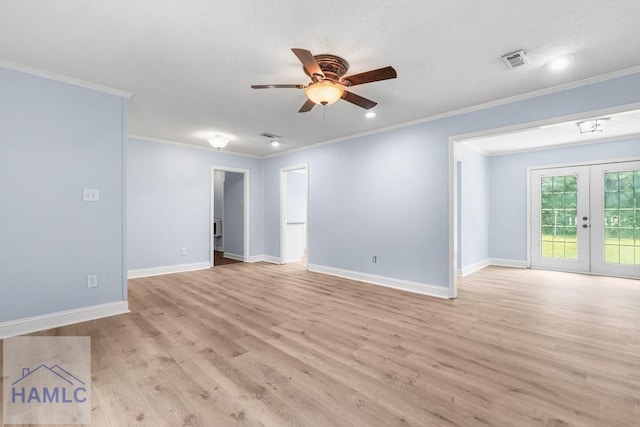 443 Martin Rd, Midway, GA 31320 - empty room featuring french doors, a ceiling fan, light wood-type flooring, crown molding, and recessed lighting