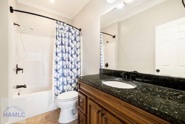 full bathroom featuring tile patterned floors, toilet, shower / bath combo, crown molding, and vanity