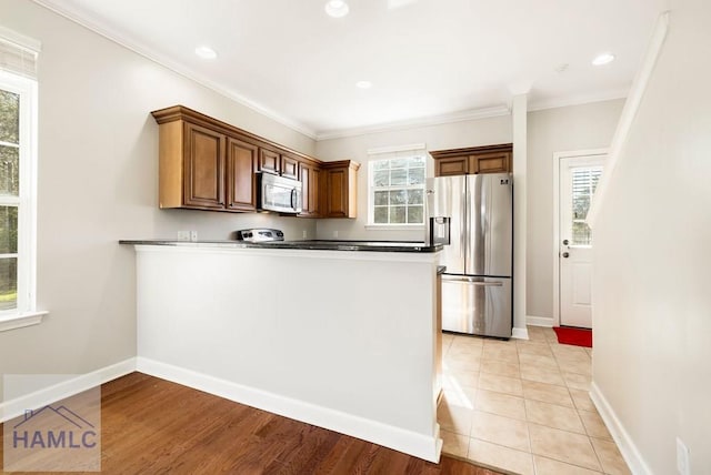 kitchen featuring a peninsula, stainless steel appliances, baseboards, and ornamental molding