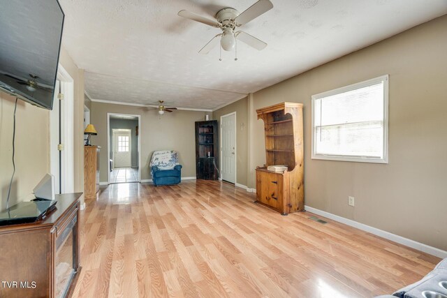 interior space featuring light hardwood / wood-style floors, a textured ceiling, and ceiling fan