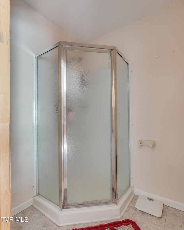 bathroom featuring tile patterned flooring and a shower with shower door