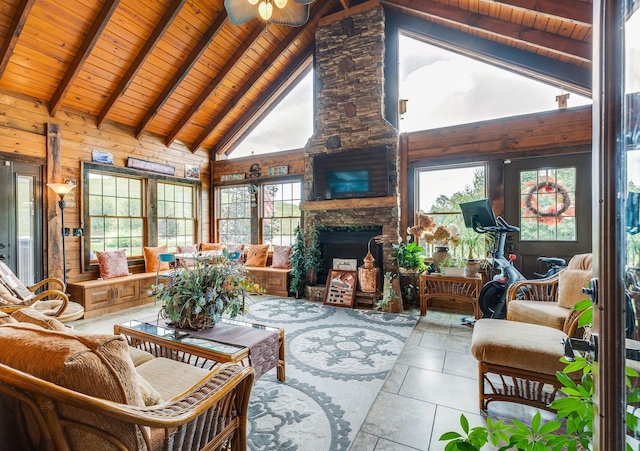 tiled living room featuring ceiling fan, high vaulted ceiling, wood ceiling, and a fireplace