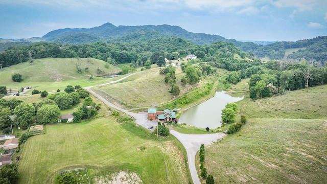 drone / aerial view with a rural view and a water and mountain view