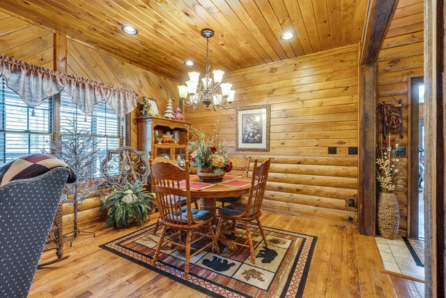 dining space featuring log walls, wooden ceiling, a chandelier, and light wood-type flooring