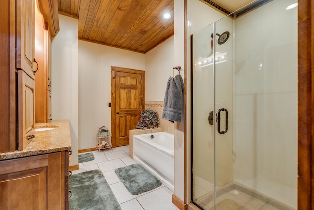 bathroom featuring wood ceiling, tile floors, vanity, and independent shower and bath