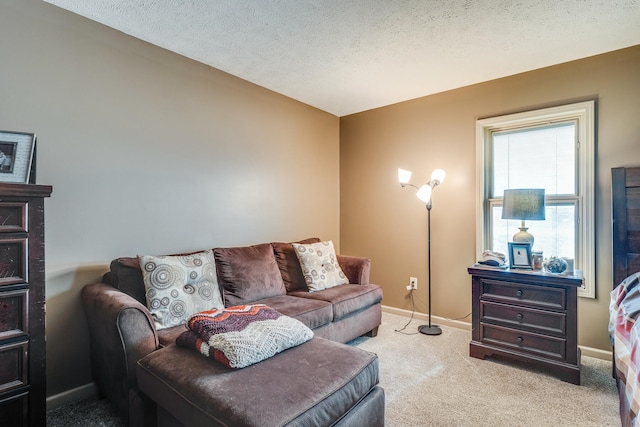 carpeted living room featuring a textured ceiling