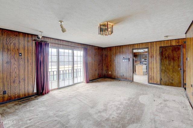 spare room with wood walls, a textured ceiling, and light colored carpet