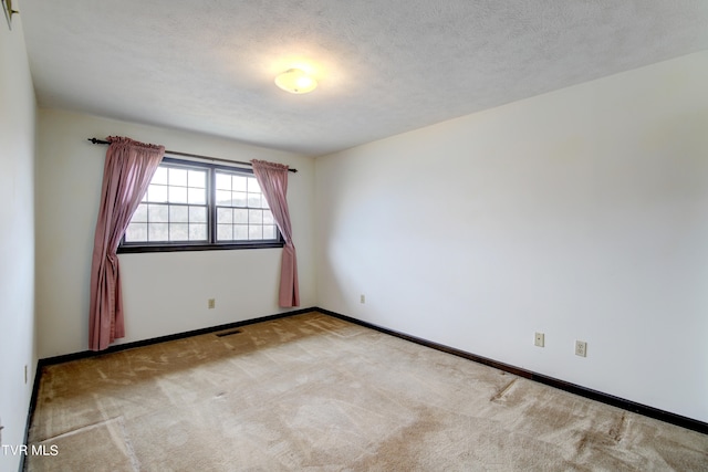 empty room with a textured ceiling and light colored carpet